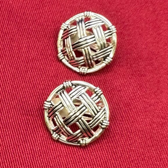 VTG Ralph Lauren Lattice Design Silver-Tone Clip-On Earrings - Picture 1 of 11